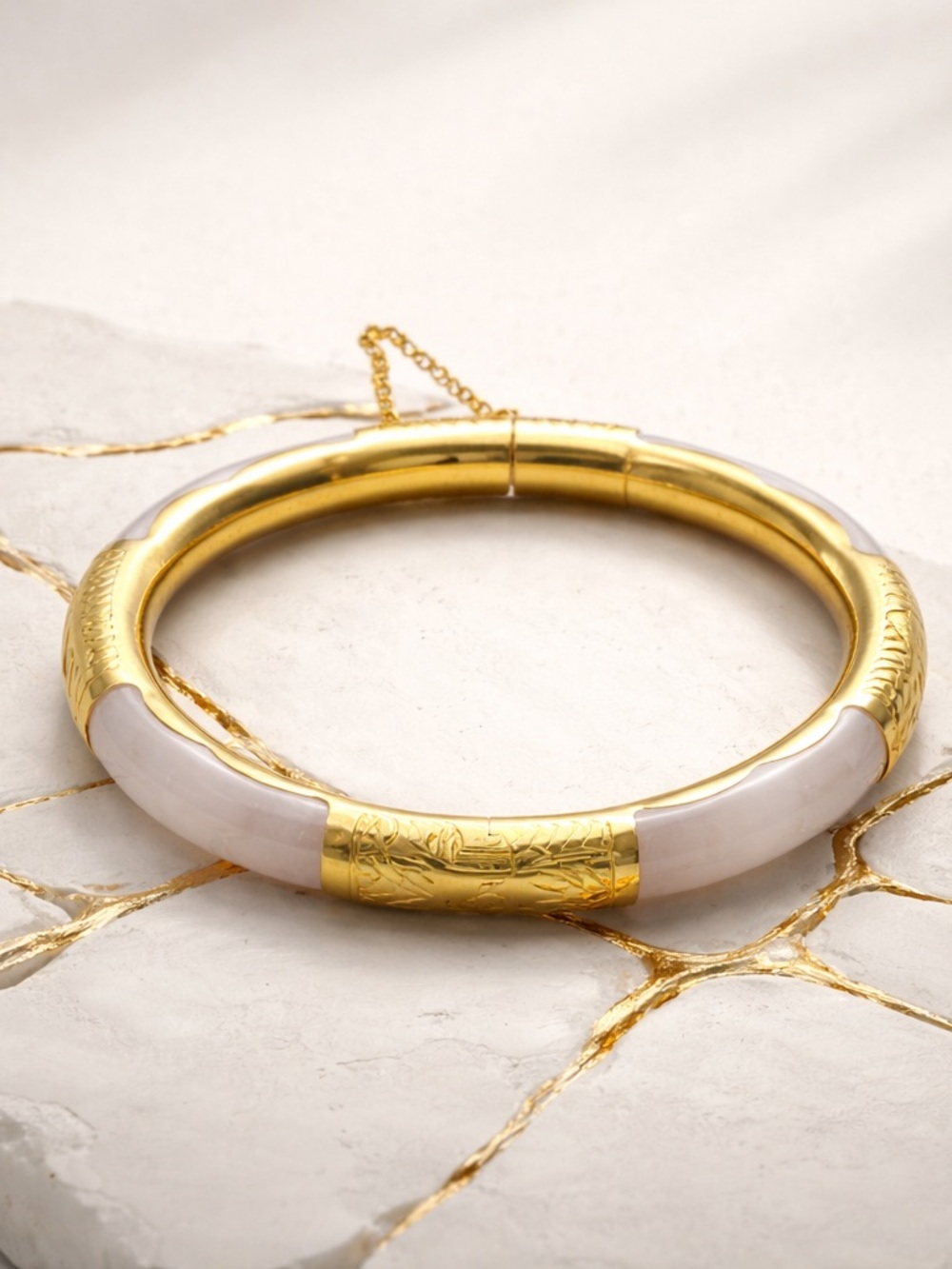 Gold and White Enamel Hinged Bangle Bracelet: Elegant Rose Quartz Bangle